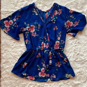 EUC Sienna Sky Wrap Shirt Blouse Blue Floral Women’s Small Tie Waist Top